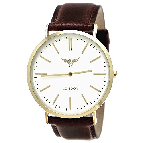 NY London Designer Slim Damen/Herren Rinder Leder Armband Uhr Braun Weiß Gold super flach inkl.Uhrenbox