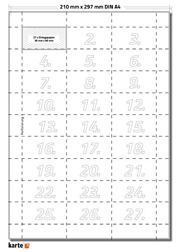 1350 x Karteo® Blankoschilder | Papiereinlagen | Einleger 160g/m² | weiß hochwertiges perforiertes Papier 30 x 60 mm auf 50 Stk. DIN A4 Bögen zum Selbstbedrucken beidseitig