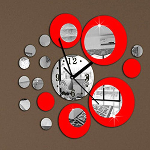 Vinilo retro de pared reloj y circulos espejo rojo decoracion salon, d