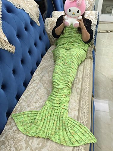 Crochet Mermaid Tail Blanket Knitting Sleeping Bag Handcraft for Kids and Adults, All Seasons Sofa Living room Quilt Rug Knit Beach Blanket (180CMx80CM, Wave-Green)