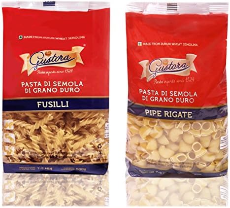 Gustora Combo Pack of Fusilli Pasta & Pipe Rigate Pasta I Pasta Combo Made of 100% Durum Wheat Semolina I Rich in Protein & Fibre I Zero Cholesterol I No Trans-fat I Cooking Time 10 Min (500g X 2)
