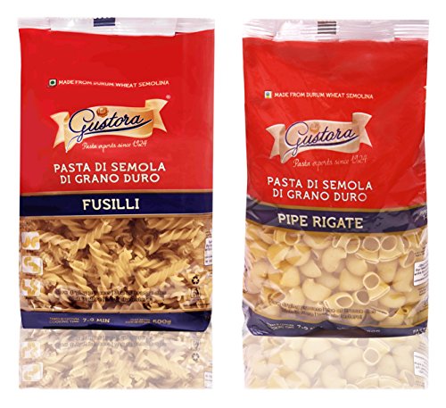 Gustora Combo Pack of Fusilli Pasta & Pipe Rigate Pasta I Pasta Combo Made of 100% Durum Wheat Semolina I Rich in Protein & Fibre I Zero Cholesterol I No Trans-fat I Cooking Time 10 Min (500g X 2)