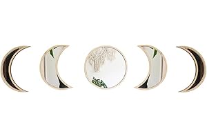 Jroyseter 5 Piezas De Madera Nórdica Estilo Acrílico Luna Espejo con Pantalla De Cambio De Ciclo De Luna Eclipse Lunar Etiqueta Espejo De Pared Decorativo para Sala De Estar Y Dormitorio (Wood Color)