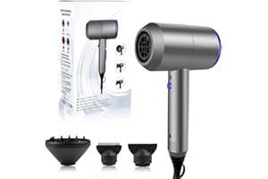 HappyGoo Sèche-cheveux Professionnel Ionique,Séchage Rapide,Protection Thermique,Bouton Air Froid,3 Niveaux de Température,2 Buses et 1 Diffuseur (Argenté Rose)