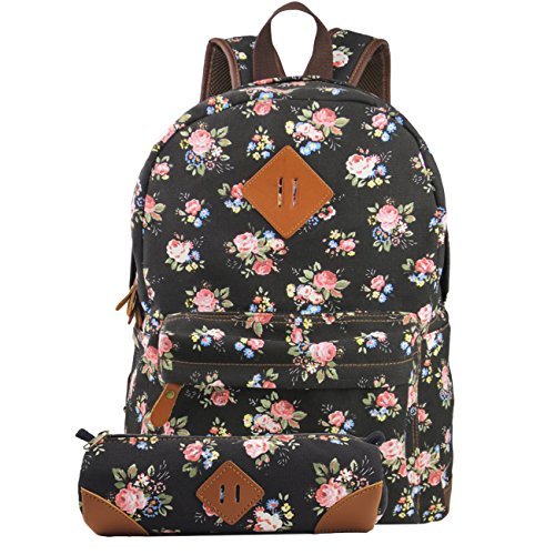 L S Risunup Damen Rucksack f  r Schule M  dchen Schulrucksack Unirucksack Laptoprucks  cke Stiftehalter Set 026 Schwarz Blume