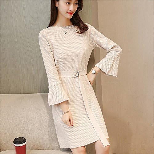 Y dress Autumn and Winter Women in the Long Section of the Word Sweater Speaker Sleeves Waist Belt Dress Shirt,Beige