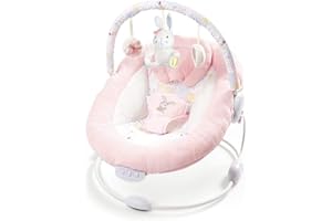 LADIDA weich gepolsterte Hasenwippe in Pink Baby Flower mit beruhigenden Vibrationen, Musikmelodien, weißem Rauschen, maschinenwaschbarem Sitzpolster, abnehmbarem Spielzeugbügel mit 3 Spielzeugen 076
