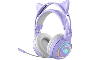 JINSERTA Casque De Jeu sans Fil, Joli Casque Lumineux Bluetooth à Oreilles De Chat avec Lumière LED, Design Pliable et Rétractable, pour Intérieur Extérieur Enfants Adultes