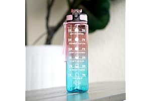 BAYINTNAL 32oz Motivational Time Marker Water Bottle with Straw, BPA Free, Inspirational 1L Tritan Sports Drinking Jug with Flip Spout Fit in Car Cupholder (Clear Pink Blue)