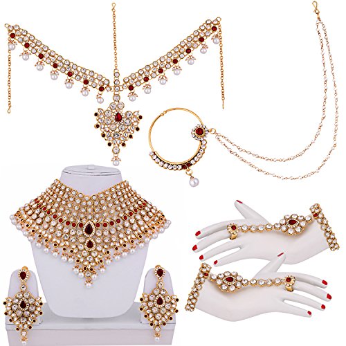 Lucky Jewellery Maroon Non-Precious Metal Bridal Jewellery Set for Women