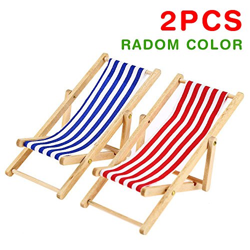 2PCS * 1:12 Miniature Foldable Dollhouse Beach Chair Model Toys Stripe Red/Blue Outdoor Chaise Longue Furniture Accessories (Radom Color)