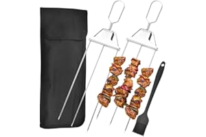 Gilen 3 Way Grill skewers, 2Pcs BBQ Metal skewers for Kebabs, 3-Prong Kabob Skewers Stainless Steel, Barbecue skewers with Barbecue Accessories for Outdoor Grill, Easy to Use Push Bar Slider