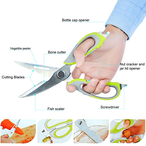 Aznoi Multifunktional Küchenschere 7 in 1 schälen Gemüse/Flocke ein Fisch/Messerbalken/coupe-os/Flaschenöffner/Nussknacker und Glasöffner/Schraubendreher – Gaine mit Magnet in den Kühlschrank – Grün - 7