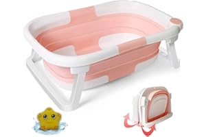 EzyWay Foldable Baby Bath Tub with Free Baby Bath Toy, Temperature Sensing Drain Plug, Bultin Anti-Slip Support Collapsible Tub for Infant Toddler Kids (Pink)