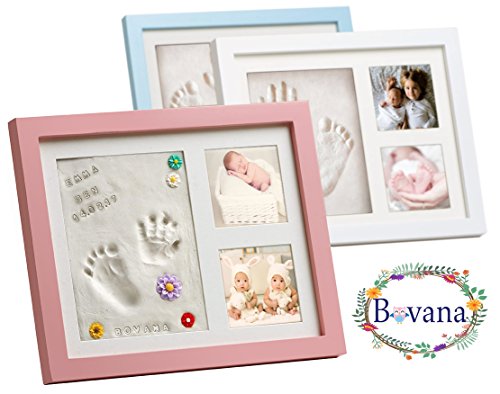 Bovana Baby Bilderrahmen Set aus Holz mit Ton für Fußabdruck, Handabdruck - Abdruck auch für Hundepfoten und Katzenpfoten