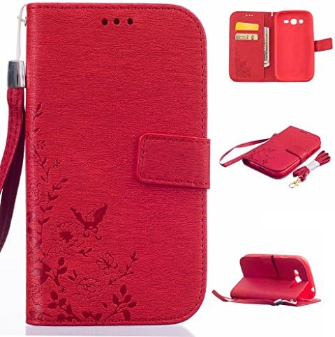 For Samsung Galaxy Grand Neo i9060 Case [With Tempered Glass Screen Protector],Qimmortal(TM) Butterfly Flowers Embossed Retro Premium PU Leather Magnetic Flip Wallet Cover with Detachable Hand Strap &amp; Card Slots &amp; Stand Function For Samsung Galaxy Grand Neo i9060(Red)