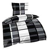 2 Bettbezüge 155 x 220 cm one-home 4 teilig Bettwäsche 155 x 220 cm anthrazit grau schwarz weiß Karo Microfaser Set