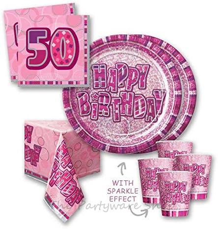 Pink Glitz Sparkle 50th Birthday Party Tableware Pack for 16