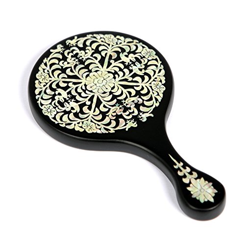 – Inlay mit Perlmutt Blumen und Vogel Design Prinzessin Holz rund braun schwarz Kosmetik Make-up-Spiegel - 3