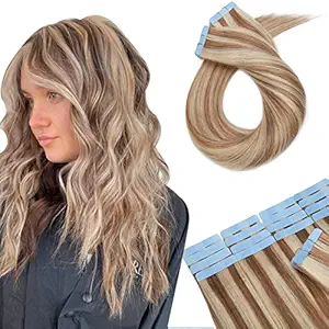 Highlighted Tape in Human Hair Extension 24 Inch Long Straight Remy Hair Bonding Double Sided Tape Seamless Skin Weft 20pcs/50g +10pcs Free Tapes (24,Golden Blonde mixed Bleach Blonde #12-613)