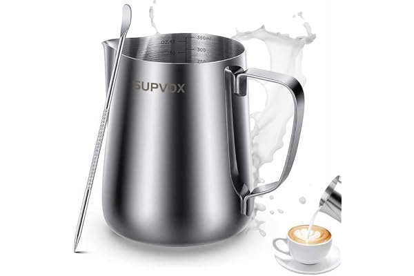 Supvox 12oz Milk Frothing Pitcher with Scale, Stainless Steel Espresso Milk Frothing Pitchers for Cappuccino Barista Steam Pitchers Milk Jug Cup with Decorating Pen Latte Art