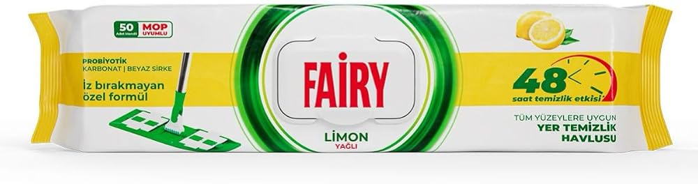 Fairy Çok Amaçlı Mop Uyumlu Yer Temizlik Havlusu 50 Yaprak | Limon Yağlı | Beyaz Sirke Karbonat | 48 Saat Temizlik Etkili | İz Bırakmayan Formül