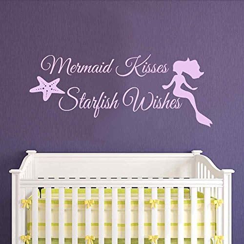 Mermaid Wall Decal Quote - Mermaid Kisses Starfish Wishes - Girls Room Baby Crib Wall Decal Sticker Vinyl Wall Art(14"h x34"w,teal)