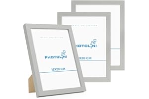 PHOTOLINI Cornici 15x20 cm argento legno MDF, set di 3 cornici per poster, plexiglass infrangibile, da tavolo o da parete, accessori extra inclusi - per foto, immagini e poster