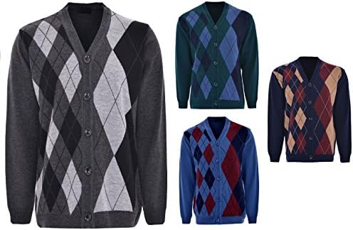 Ambergloss Mens Diamond Pattern Knitted Cardigan V Neck Button Closure Long Sleeves