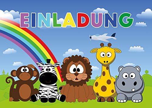 Set of 12 cards (10 + 2 free cards) with fun, cute jungle animals from the zoo safari monkey, zebra, lion, giraffe, hippo) children's birthday party invitation cards for birthday party.