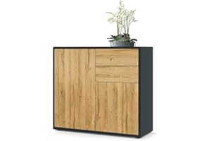 Vladon Sideboard Ben, Made in Germany, Kommode mit 2 Türen und 2 Schubladen, Schwarz matt/Eiche Natur (79 x 74 x 36 cm)