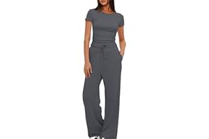 MOBEUR Women 2 Piece Set Outfit Summer Casual Tracksuit Short Sleeve Crop Tops and Drawstring High Elastic Waisted Wide Leg Pants Tracksuit Yoga Joggers Suit Lounge Wear Full Sets