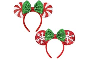 HXPLN 2PC Christmas Mouse Ears Headband, Christmas Ears Bow Headband for Adult Women Christmas Party Park Ears Dress Up Accessories (Lolipop & Snow)