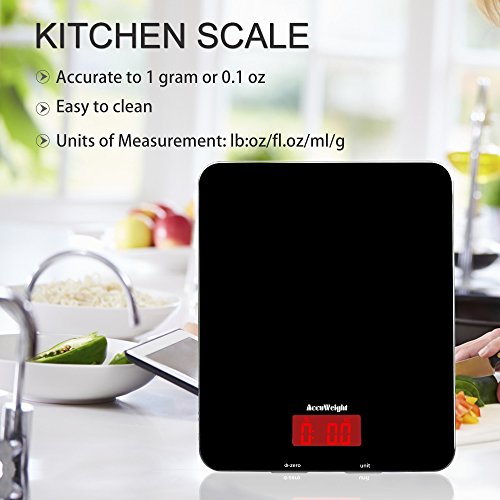 Accuweight AW-KS001 digitale Küchenwaage aus Sicherheitsglas mit LCD Display, 5kg, schwarz, Inkl. Batterie - 3