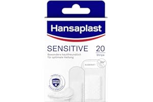 Hansaplast Enlucidos sensibles (20 tiras), resistentes a la piel e hipoalergénicos para heridas con escudo de bacterias y adhesión segura, sin dolor extraíble