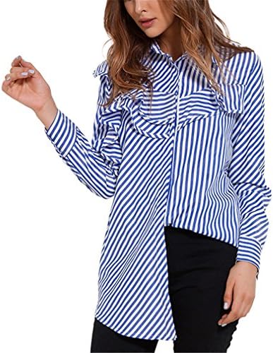 Hangyin Women Tops Blouses Spring Blue and White Striped Shirt Long Sleeve Collar Ruffle Blouse Womens Clothing