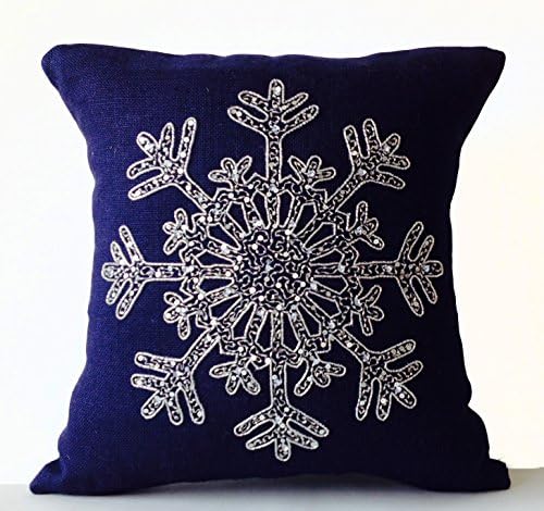 Amore Beaute Snow Flake Cushion Covers in Navy Blue Jute with Silver Sequin and Bead Embroidery - Christmas Decor - Winter Decor - Navy Blue Pillowcases - Hessian Cushion Cover - Sequin Pillow Cover - Couch Cushion - Blue Cushion Covers - Navy Blue Decor - Gift - Christmas - Housewarming (18" X 18")