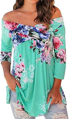 FALAIDUO Women's Off Shoulder Tops Floral Long Sleeve Crisscross Ruffled Loose Blouse (S, Green)