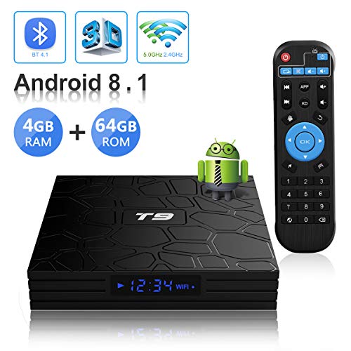 Android TV Box, T9 Android 8.1 4GB RAM/64GB ROM RK3328 Quad-Core Media Box Soporte 2.4Ghz/5.0Ghz WiFi 64 bits H.265 Bluetooth 4.1 DLNA UHD 4K Mini TV Box