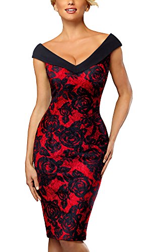 HOMEYEE Femmes élégant col V sans Manches Vintage Rose Floral Cocktail Dress B425(EU 36 = Size S,Rouge)