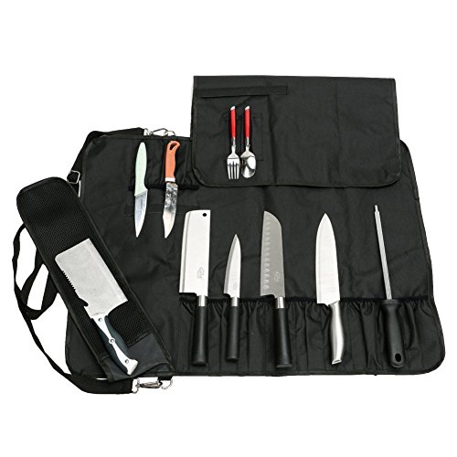 QEES Trousse De Couteaux Chef Professionnel Sacoche Couteaux 18 Places avec Bandoulière en Tissus Oxford Serré Noir