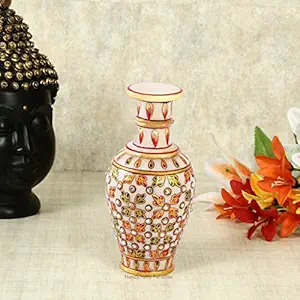 Marble Flower Pot with Leaves Painted in Emboss by Handicrafts Paradise