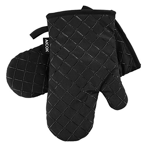 Aicok Ofenhandschuhe Anti-Rutsch Küche Backofen Handschuhe Hitzebeständig Handschuhe zum Kochen, Backen, Barbecue Isolation Pads, Schwarz, 1 Paar - 9