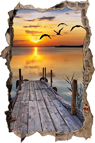 Pixxprint 3D_WD_S2521_92x62 kleiner Steg mit bezauberndem Sonnenuntergang Wanddurchbruch 3D Wandtattoo, Vinyl, bunt, 92 x 62 x 0,02 cm