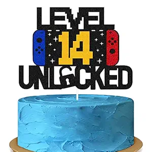 FestikoLevel 14th Unlocked Sign Cake Topper Happy 14th Birthday Level Up Fourteenth Cake Decorations for Video Game Controller Themed Kids Boy Girl Bday Party Supplies