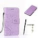 Produktbild Huawei Y5 II Hülle, Huawei Y5 II Schutzhülle, Alfort 3 in 1 Lederhülle Fashion Design Premium PU Leder Hohe Qualität Tasche Case Cover Kasten Abdeckung Wallet für Huawei Y5 II 5.0" Smartphone Funktion Standfunktion Unterstützte Telefone und Magnetverschluss mit Schmetterling ( Helles Lila ) + Alfort Schwarz Stylus Pen + Netter Staub Stecker