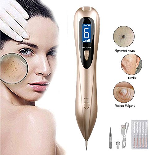 Preisvergleich Produktbild Sommersprossen Entferner, AOLVO tragbar Sommersprossen zeckensschlinge Gang verstellbar Dot Maulwurf Entfernung Maschine-Kit mit LCD USB Ladekabel für Sommersprossen Warzen Dot Dark Spot Tattoo Beseitigung, ABS, gold, Normal