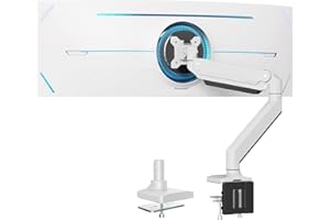 PUTORSEN Support Écran PC Moniteur, Lourd Premium Aluminium Bras Articulé Ergonomique Ressort à Gaz pour Écrans 17"-49", Hauteur Réglable Inclinaison Pivot et Fixation Bureau, 18 kg-White