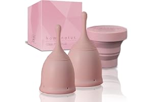 HOMENATUR Coppetta Mestruale - Set di 2 Coppe Mestruali Taglie S e L e Sterilizzatore Fieghevole - Silicone di Grado Medico - Certificato, Riutilizzabile, Morbida e Sicuro - Multifunzionale