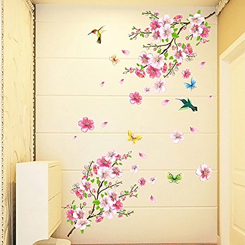 Qianxing abnehmbares wiederverwandbares schöne Baum Blume Blätter und Vögeln Serie Wandbild mehrfarbiges Wallsticker Wandtattoo Aufkleber für Sofa und Fernsehen im Wohnzimmer Deko Wandpapier(Blumen und Vogel)(110*120) - 3